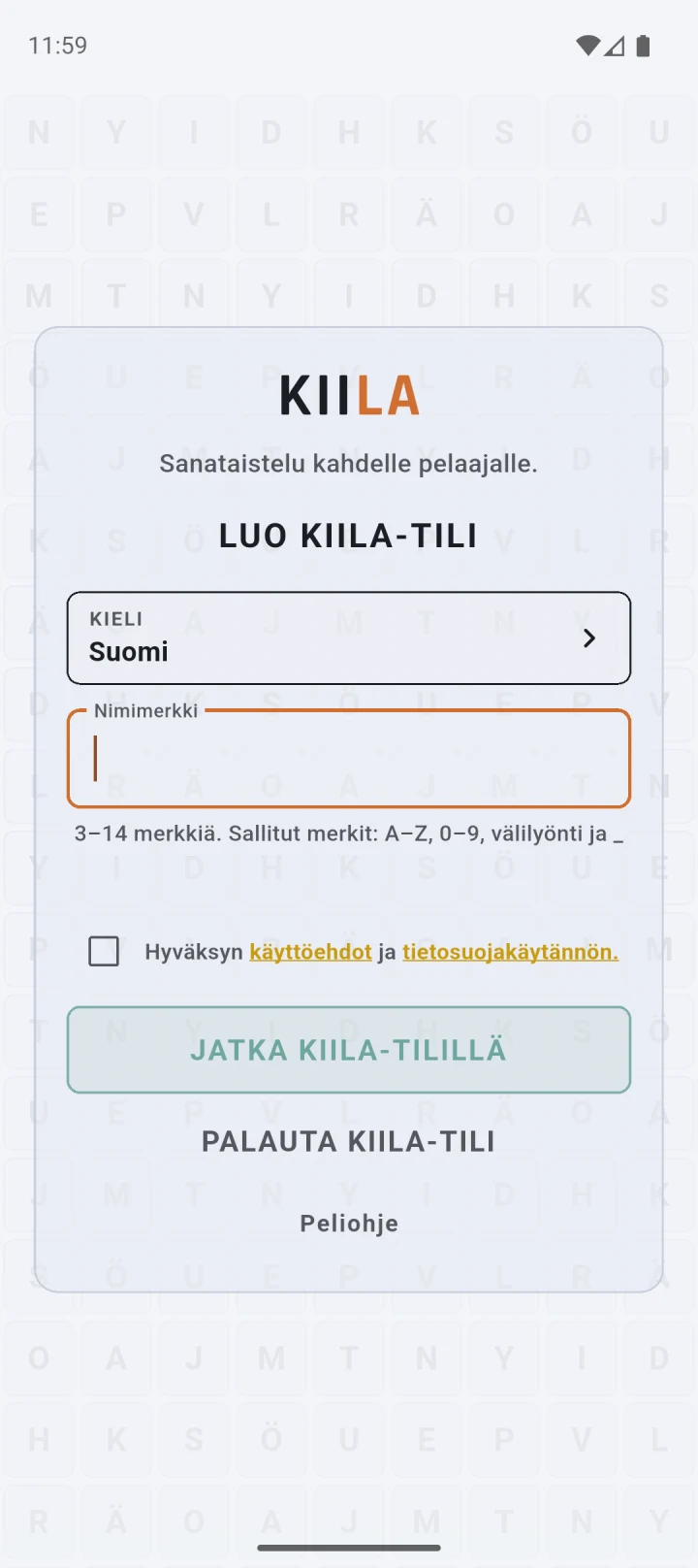 KIILA account creation screen in Finnish, light theme